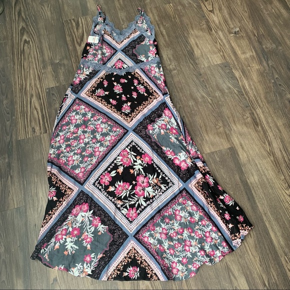 Free People NWT Black Floral Graphite Combo Maxi Slip Dress with Lace Detail - Picture 12 of 15